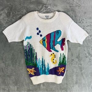 Vintage Sequin Embellished Fish Novelty Sweater Small 80s 90s Artsy Shoulder Pad